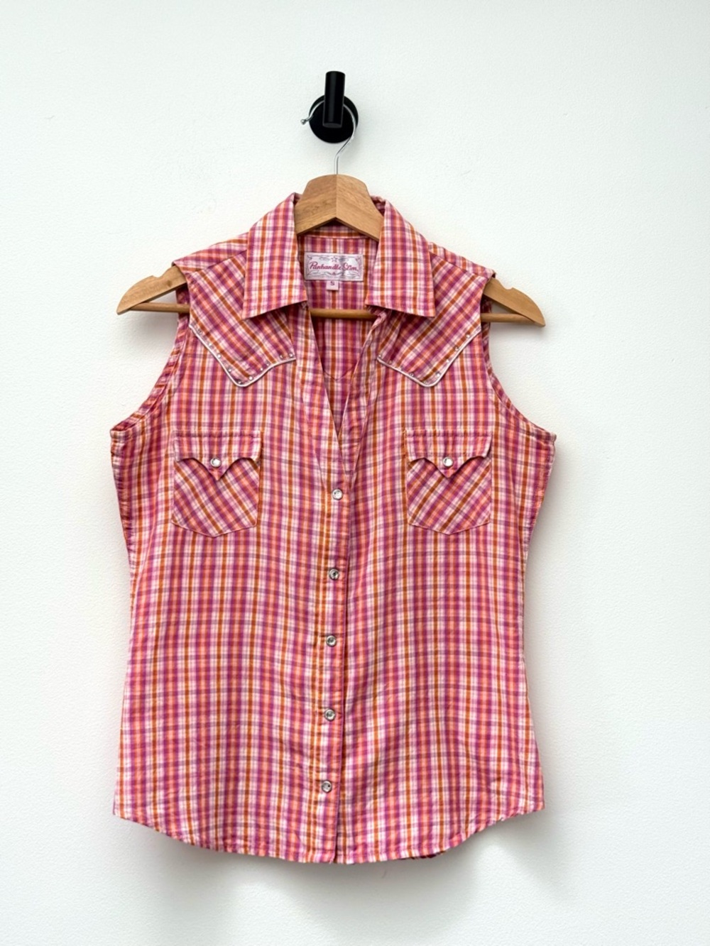 Vintage Y2K Western Panhandle Slim Pink Plaid Sleeveless Button-Down Snap Shirt
